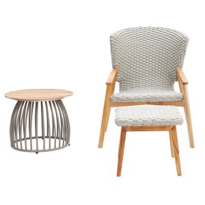 Bộ ghế ngoài trời gỗ teak đan dây rope nhìn trực diện, kèm bàn tròn mặt gỗ