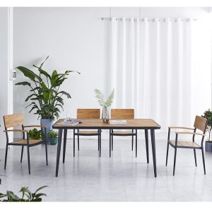 Bàn ghế sân vườn khung nhôm, mặt gỗ nhựa, phong cách tối giản