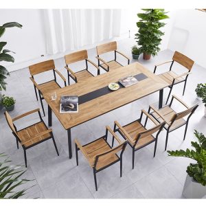 Toàn cảnh bộ bàn ghế sân vườn 8 ghế khung nhôm, mặt bàn nhựa giả gỗ