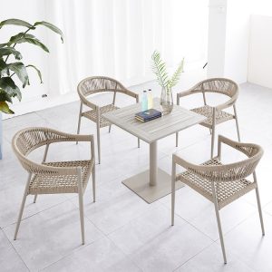 Bộ bàn ghế cafe sân vườn đan dây ngang, thiết kế tối giản, màu sáng