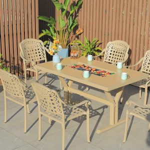 Bộ bàn ghế ăn ngoài trời nhôm đúc 6 ghế lưng vuông caro, bàn chữ nhật, màu vàng cát