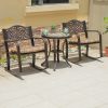 Bộ bàn ghế nhôm đúc sân vườn, bàn tròn mặt đá, ghế bập bênh có nệm sọc