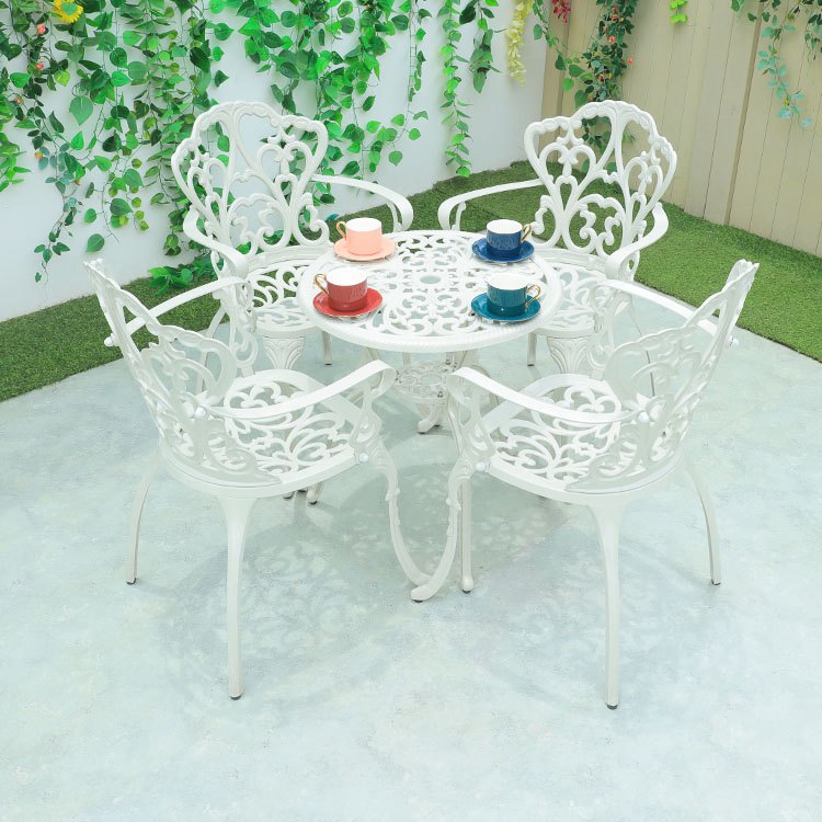 Bộ bàn ghế sân vườn nhôm đúc 4 ghế 1 bàn, thiết kế hoa văn tinh xảo, phù hợp không gian xanh
