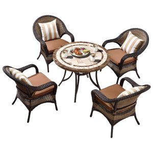 Bộ bàn ghế sân vườn giả mây 5 món, phối cảnh nền trắng nổi bật sản phẩm