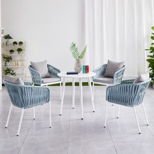 Bộ bàn ghế cafe sân vườn hiện đại, khung nhôm trắng, dây rope xanh ghi, nệm dày êm ái