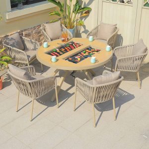 Bộ bàn tròn lớn tích hợp bếp nướng BBQ, 6 ghế dây đan có nệm cho sân vườn biệt thự