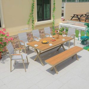 Bộ bàn ghế ngoài trời 7 món, 4 ghế đơn và 1 bàn dài, phong cách hiện đại