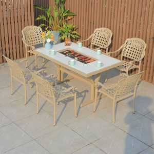 Bộ bàn ghế sân vườn 6 ghế nhôm đúc lưng vuông, bàn chữ nhật mặt vân đá