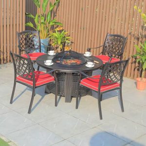 Bộ bàn ghế nhôm đúc sân vườn 4 ghế, nệm đỏ, bàn tròn có bếp nướng, phong cách tân cổ điển