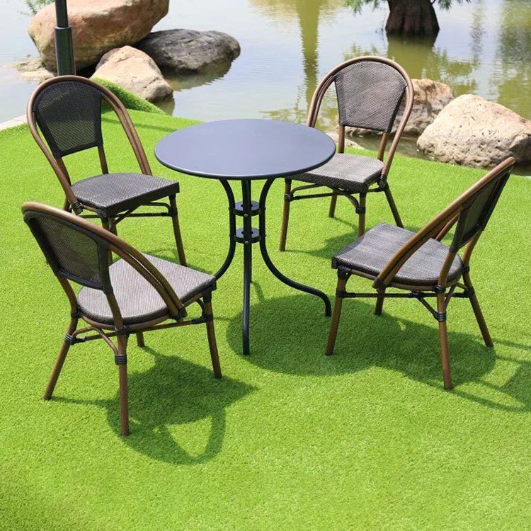 Bộ bàn ghế sân vườn 4 ghế 1 bàn tròn, khung nhôm, mặt bàn kim loại, phong cách hiện đại