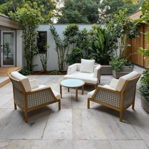 Sofa sân vườn 4 món khung gỗ teak, dây đan xám, nệm trắng, bàn trà mặt kính, phong cách hiện đại