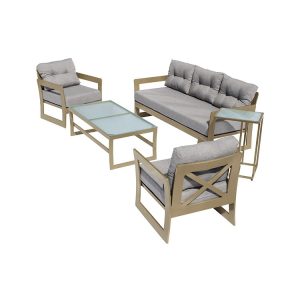 Sofa sân vườn 4 món hiện đại, khung vàng champagne, nệm ghi xám