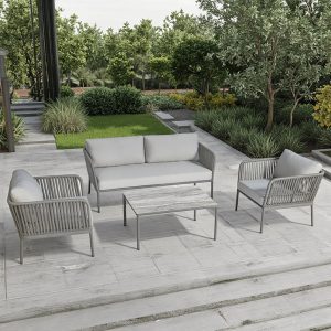 Bộ sofa sân vườn khung nhôm dây rope màu ghi, bàn trà mặt vân gỗ, đặt ngoài trời xanh mát