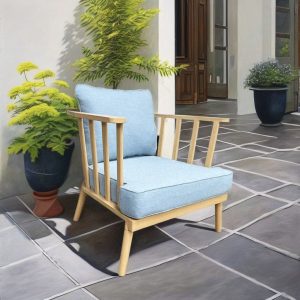 Ghế đơn sofa ngoài trời, khung vân gỗ sáng, nệm xanh dương nhạt, thiết kế hiện đại