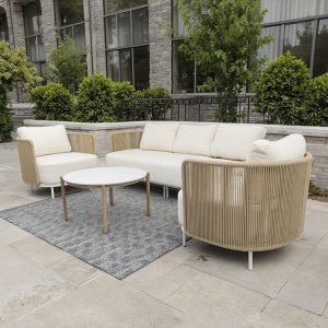 Bộ sofa sân vườn khung nhôm, bàn trà mặt kính tròn, phối cảnh biệt thự