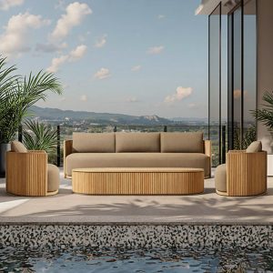 Bộ sofa sân vườn 4 món gồm sofa dài, 2 ghế đơn và bàn trà gỗ, phong cách hiện đại