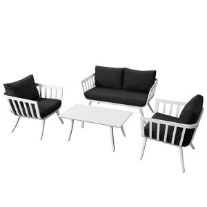 Toàn cảnh bộ sofa sân vườn nhôm trắng, nệm đen, bàn trà đồng bộ