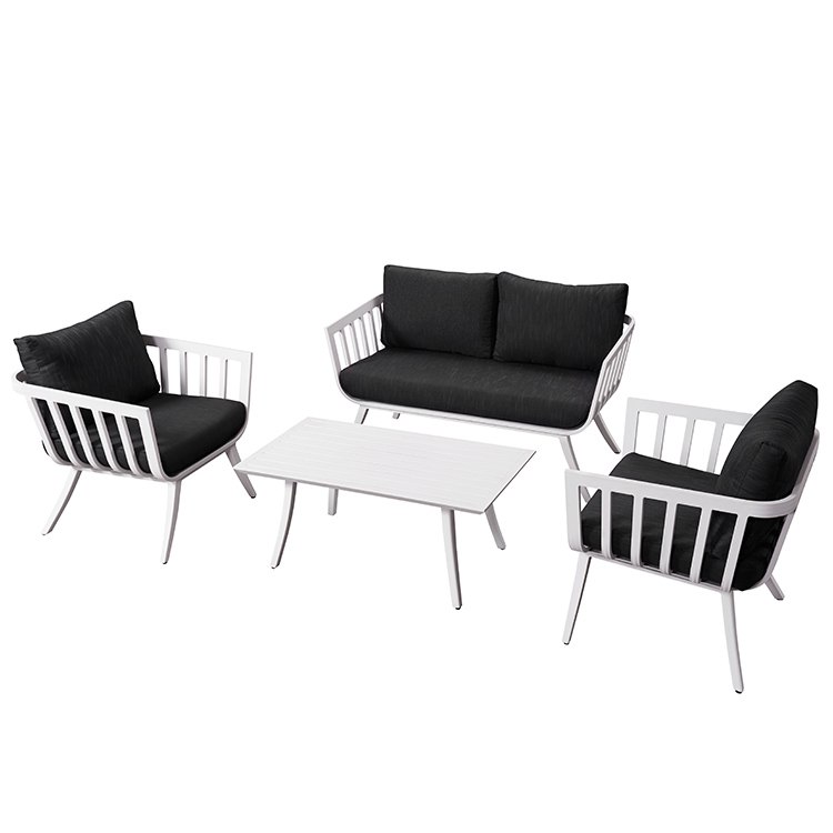 Toàn cảnh bộ sofa sân vườn nhôm trắng, nệm đen, bàn trà đồng bộ