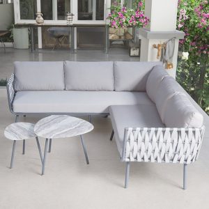 Bộ sofa nhôm dây rope hiện đại, nệm dày êm, bàn trà vân đá cho sân vườn