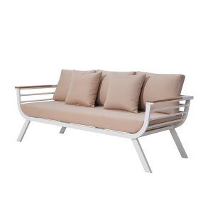 Sofa băng 3 chỗ nhôm trắng, nệm be, phong cách hiện đại