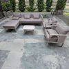 Bộ sofa ngoài trời hiện đại góc L, nệm dày, khung nhôm trắng, bàn trà nhỏ