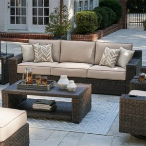 Sofa giả mây ngoài trời 3 chỗ, nệm kem dày, bàn trà mặt kính sang trọng