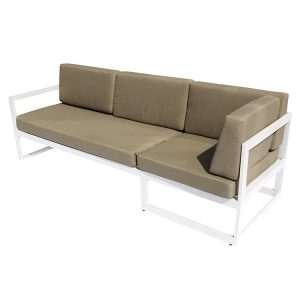 Sofa ngoài trời nhôm trắng, nệm màu nâu be, thiết kế góc tiện lợi cho sân vườn