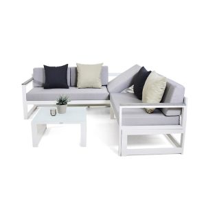 Sofa sân vườn hiện đại góc L, nệm dày, bàn trà kính cường lực