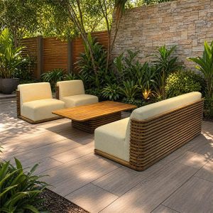 Sofa sân vườn gỗ teak, nệm vàng nhạt, thiết kế thanh ngang độc đáo, không gian xanh mát