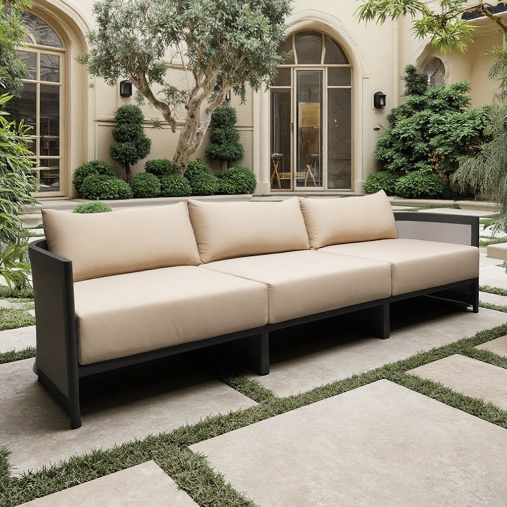 Sofa 3 chỗ ngoài trời nhôm sơn tĩnh điện, nệm dày màu kem