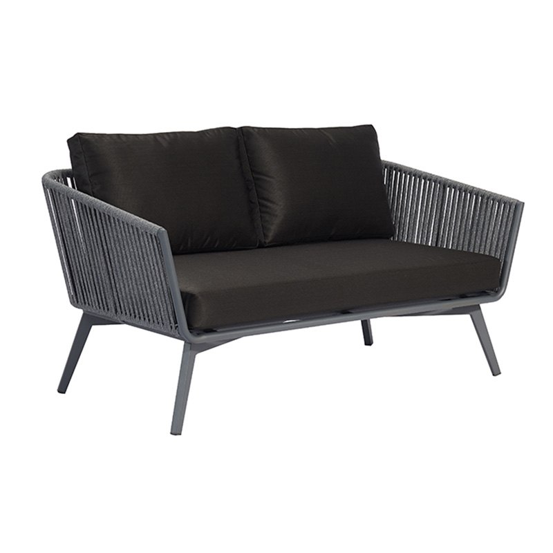 Sofa đôi ngoài trời khung nhôm dây rope, nệm đen, thiết kế hiện đại