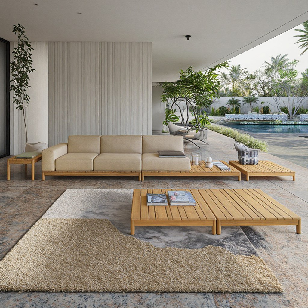 Sofa ngoài trời khung gỗ teak, nệm màu be, bàn trà gỗ vuông, phù hợp không gian hồ bơi