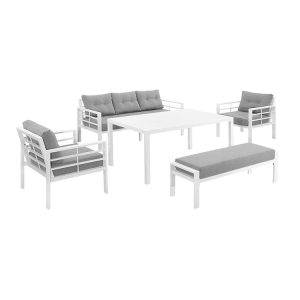 Bộ sofa sân vườn màu trắng, nệm ghi, phong cách tối giản phù hợp nhiều không gian