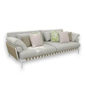 Sofa đôi ngoài trời, đan dây rope ở thành, nệm dày, nhiều gối trang trí màu ghi và xanh lá