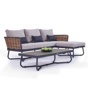 Bộ sofa nhôm đan mây giả, nệm ghi xám, bàn trà kính sang trọng