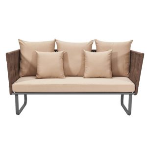 Sofa đôi ngoài trời dây rope, nệm kem, 5 gối tựa êm ái