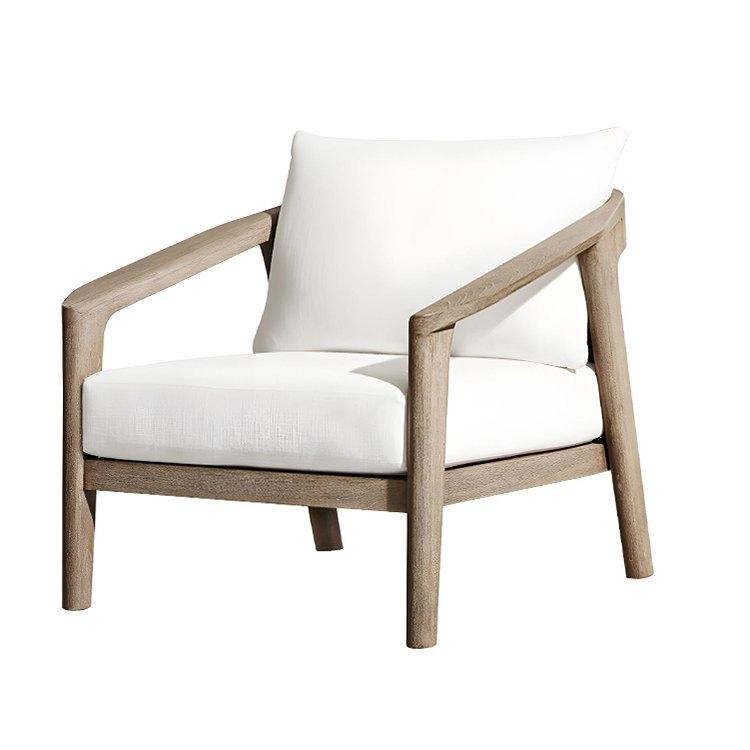 Ghế đơn sofa ngoài trời khung gỗ, nệm trắng, phong cách hiện đại