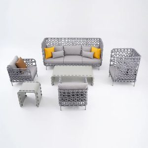 Trọn bộ sofa sân vườn dây rope 5 món, phối cảnh nền trắng rõ chi tiết sản phẩm