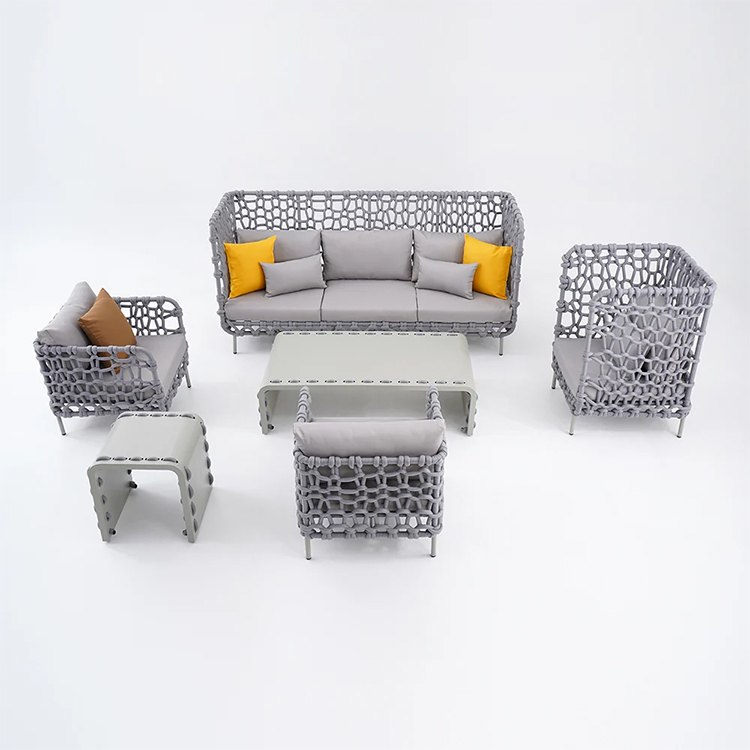 Trọn bộ sofa sân vườn dây rope 5 món, phối cảnh nền trắng rõ chi tiết sản phẩm