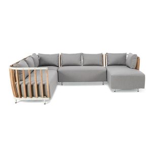 Sofa góc L ngoài trời màu ghi, khung nhôm gỗ teak, không gian rộng rãi