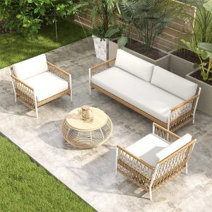 Sofa sân vườn khung nhôm trắng, dây rope vàng nhạt, nệm trắng, bàn tròn mây nhựa
