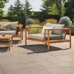 Ghế đơn sofa ngoài trời khung gỗ teak, dây đan, nệm dày màu ghi xám