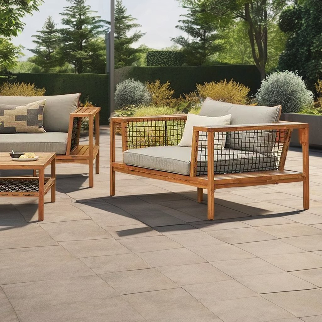 Ghế đơn sofa ngoài trời khung gỗ teak, dây đan, nệm dày màu ghi xám