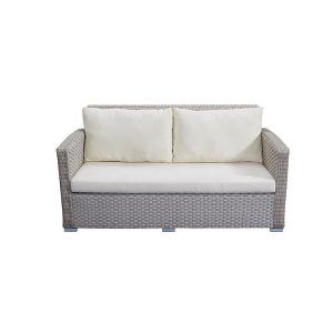 Sofa đôi ngoài trời giả mây xám, nệm trắng kem, thiết kế rộng rãi