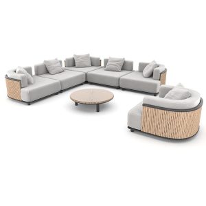 Bộ sofa sân vườn hiện đại 5 món, phối màu ghi sáng và gỗ teak tự nhiên