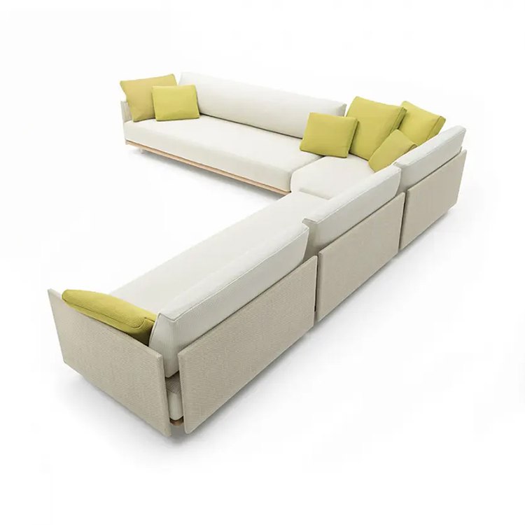 Góc nhìn phía sau bộ sofa góc L ngoài trời, chất liệu vải cao cấp, khung nhôm chắc chắn