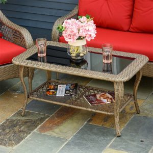 Bàn trà sofa sân vườn mặt kính cường lực, khung giả mây chắc chắn