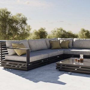 Bộ sofa sân vườn khung nhôm đen, nệm xám, bàn trà kính, phong cách hiện đại
