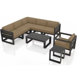 Bộ sofa góc ngoài trời khung nhôm nệm màu nâu nhạt, phong cách hiện đại