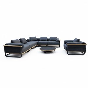 Bộ sofa sân vườn khung nhôm, nệm dày màu xám, chụp nền trắng nổi bật sản phẩm